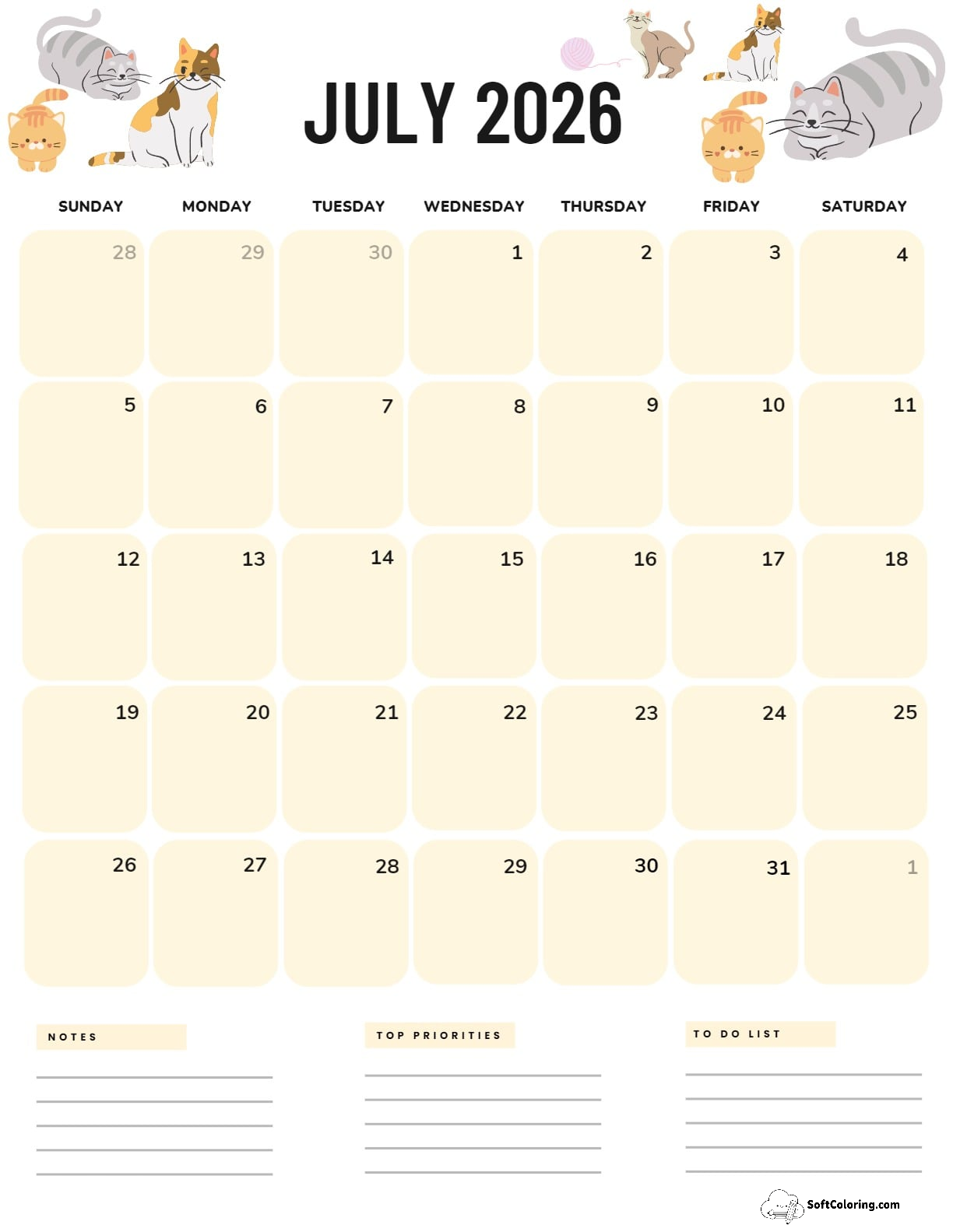 July 2026 Calendar Printable Cats Portrait