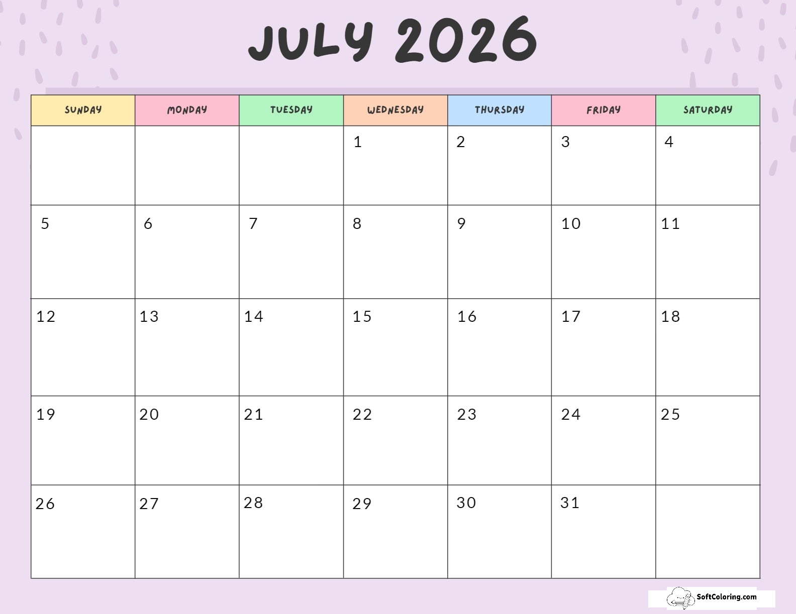 July 2026 Calendar Printable Colorful Landscape
