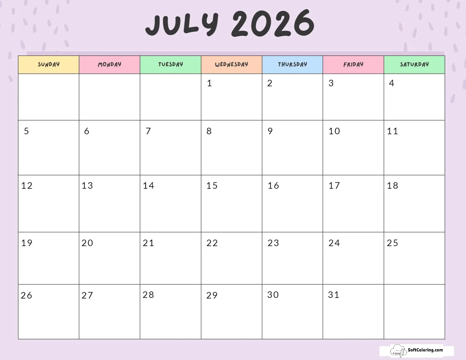 July 2026 Calendar Printable Colorful Landscape