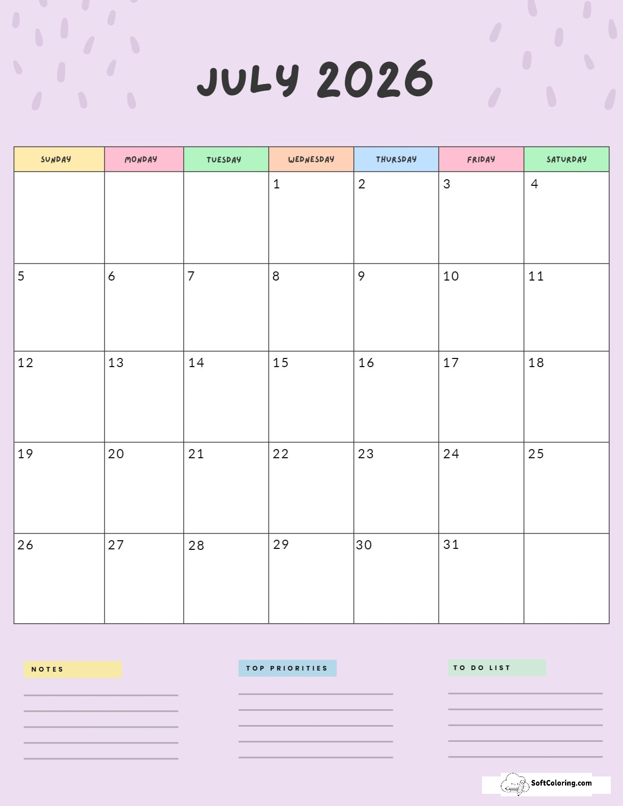 July 2026 Calendar Printable Colorful Portrait 2