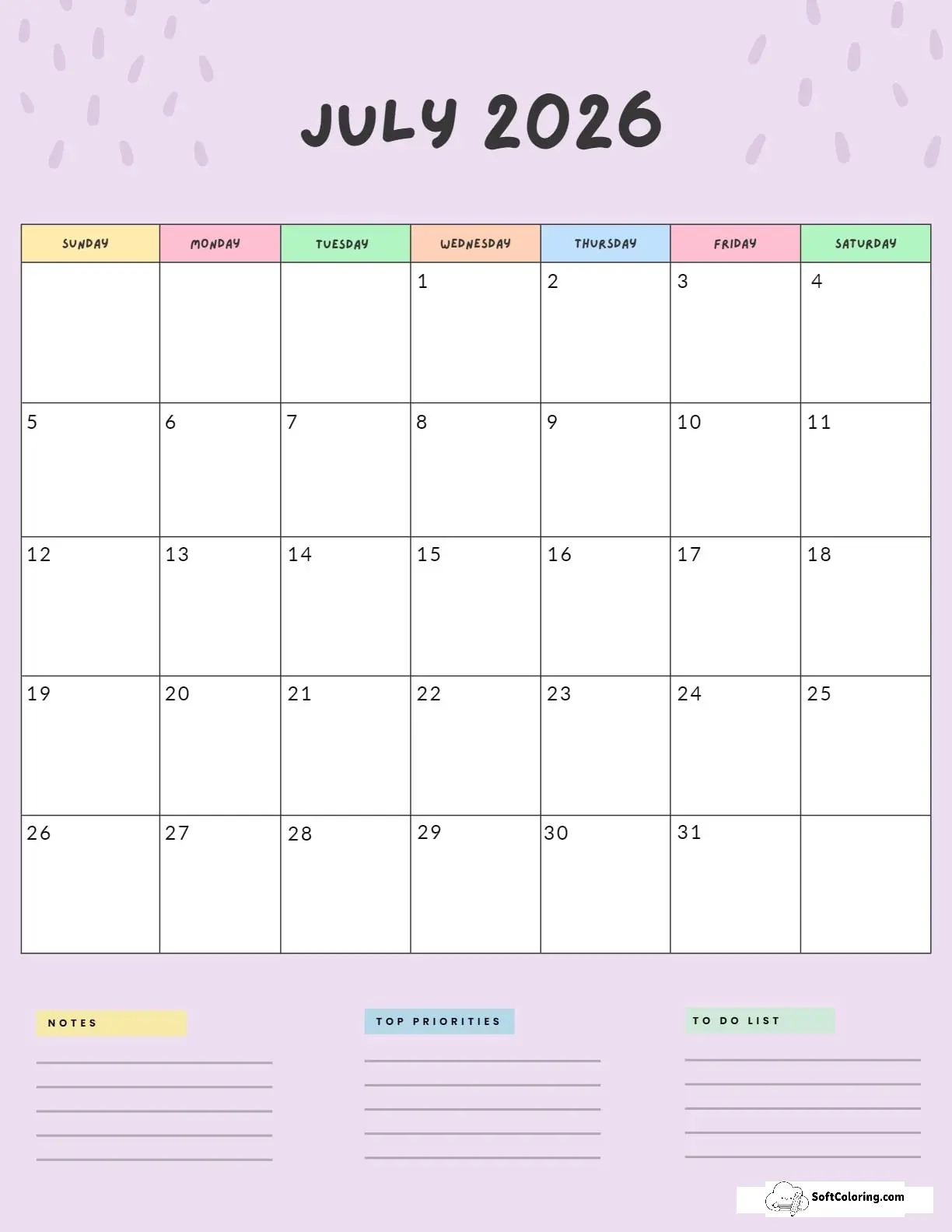 July 2026 Calendar Printable Colorful Portrait 2