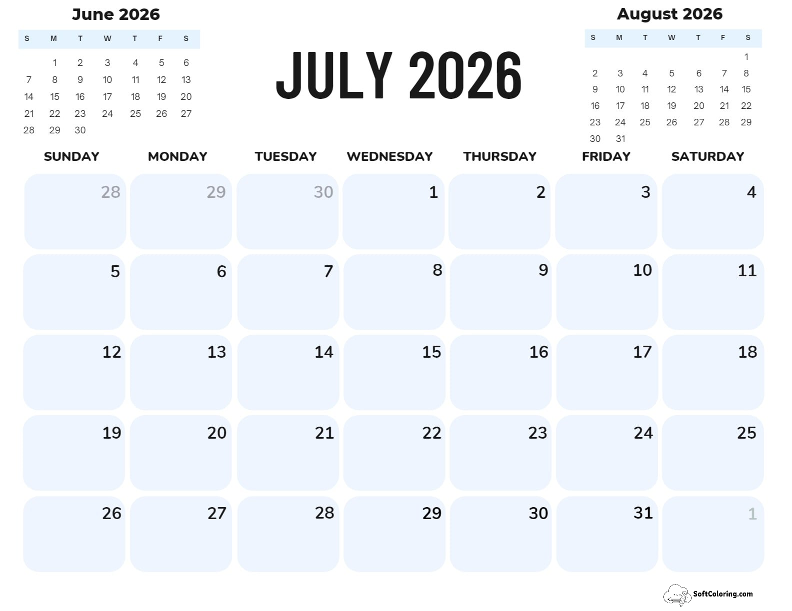 July 2026 Calendar Printable Corporate Landscape