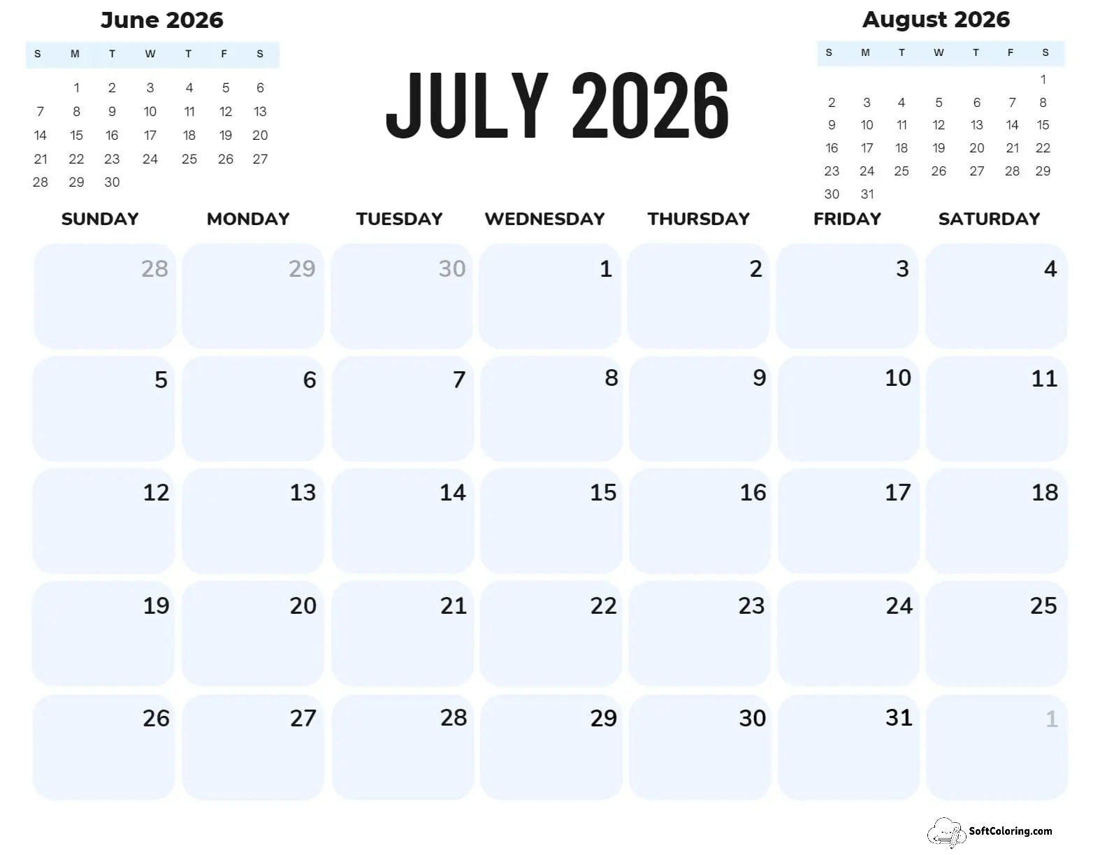 July 2026 Calendar Printable Corporate Landscape