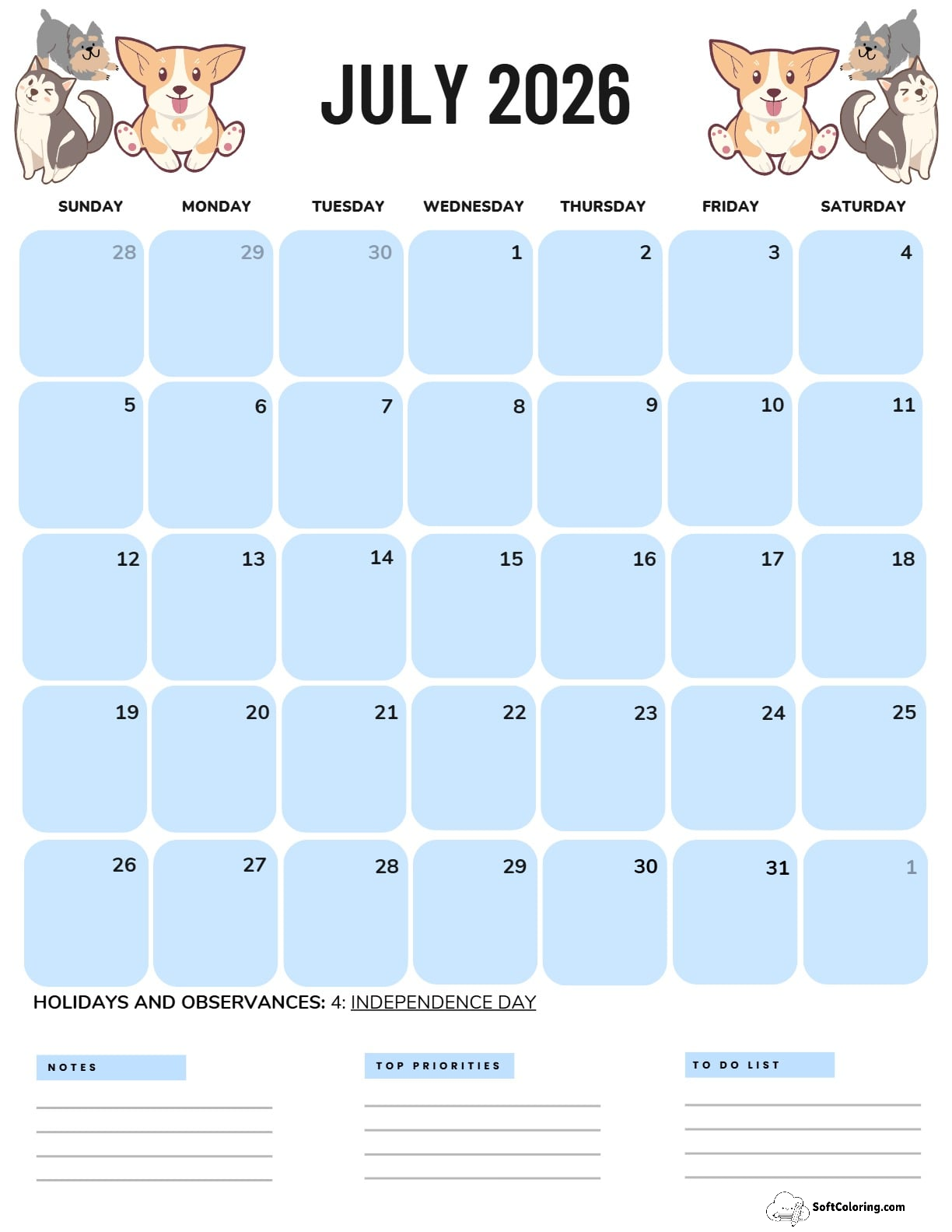 July 2026 Calendar Printable Dogs Portrait V3
