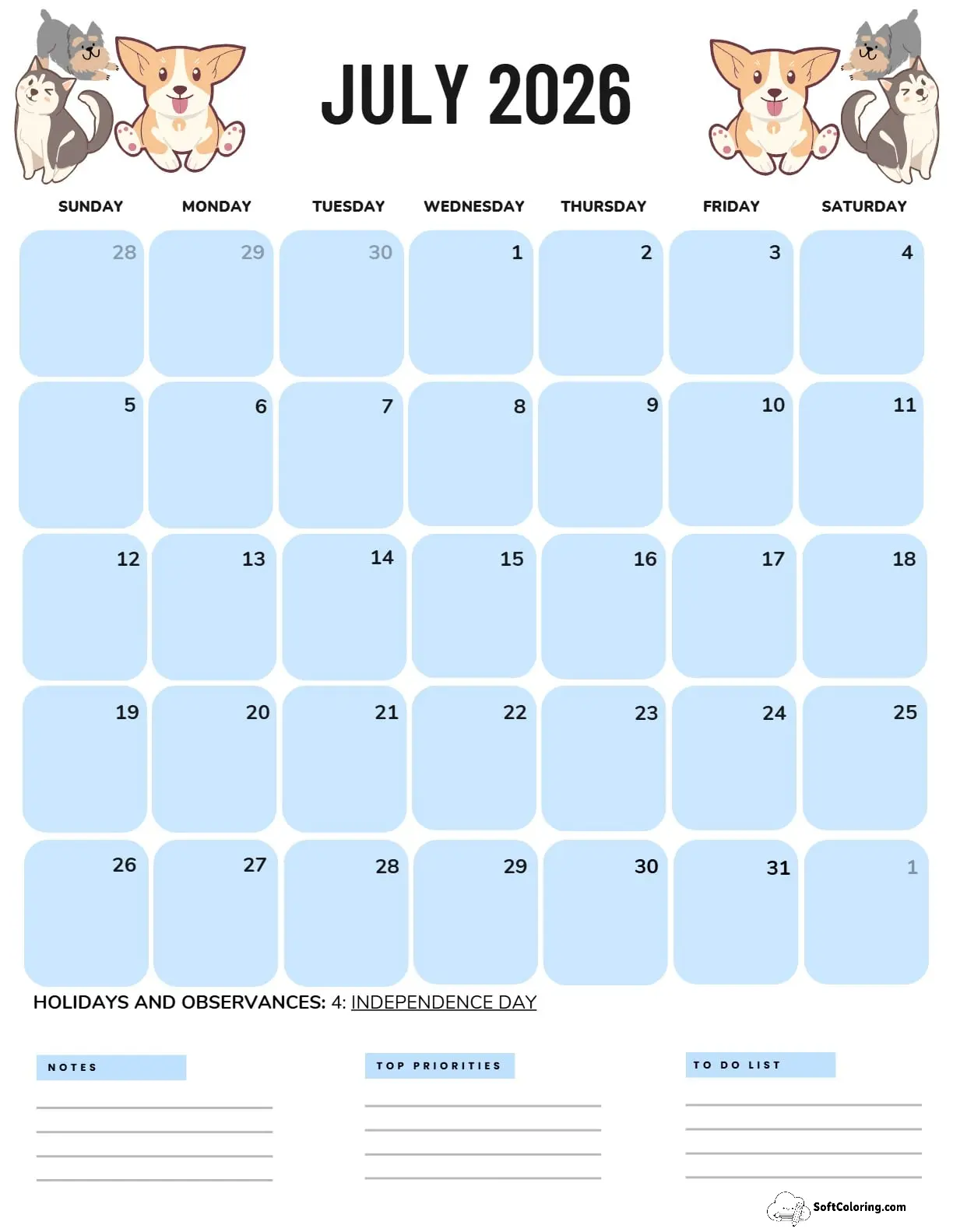 July 2026 Calendar Printable Dogs Portrait V3