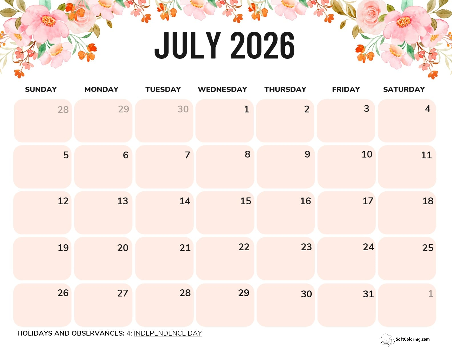 July 2026 Calendar Printable Flowers Landscape