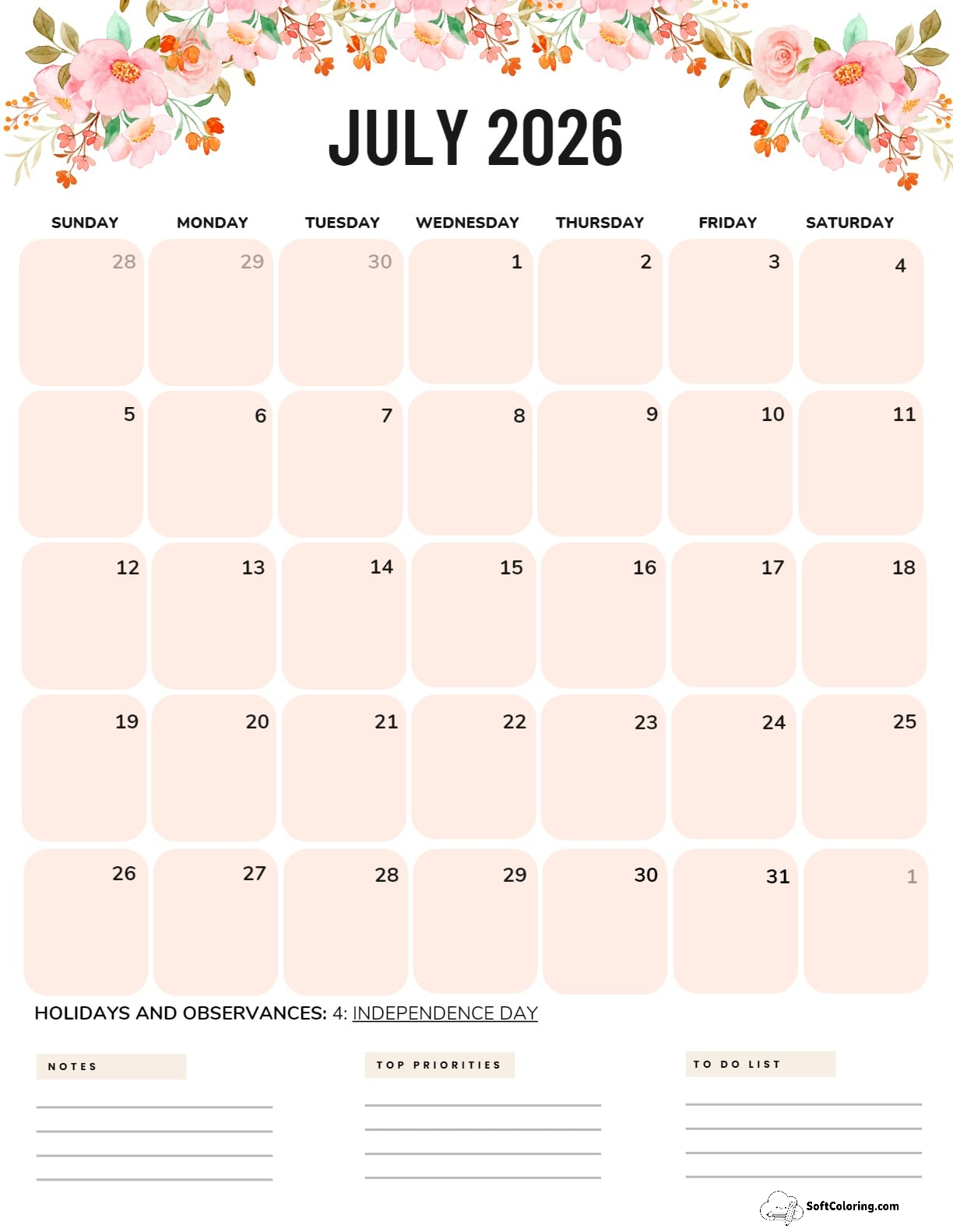 July 2026 Calendar Printable Flowers Portrait