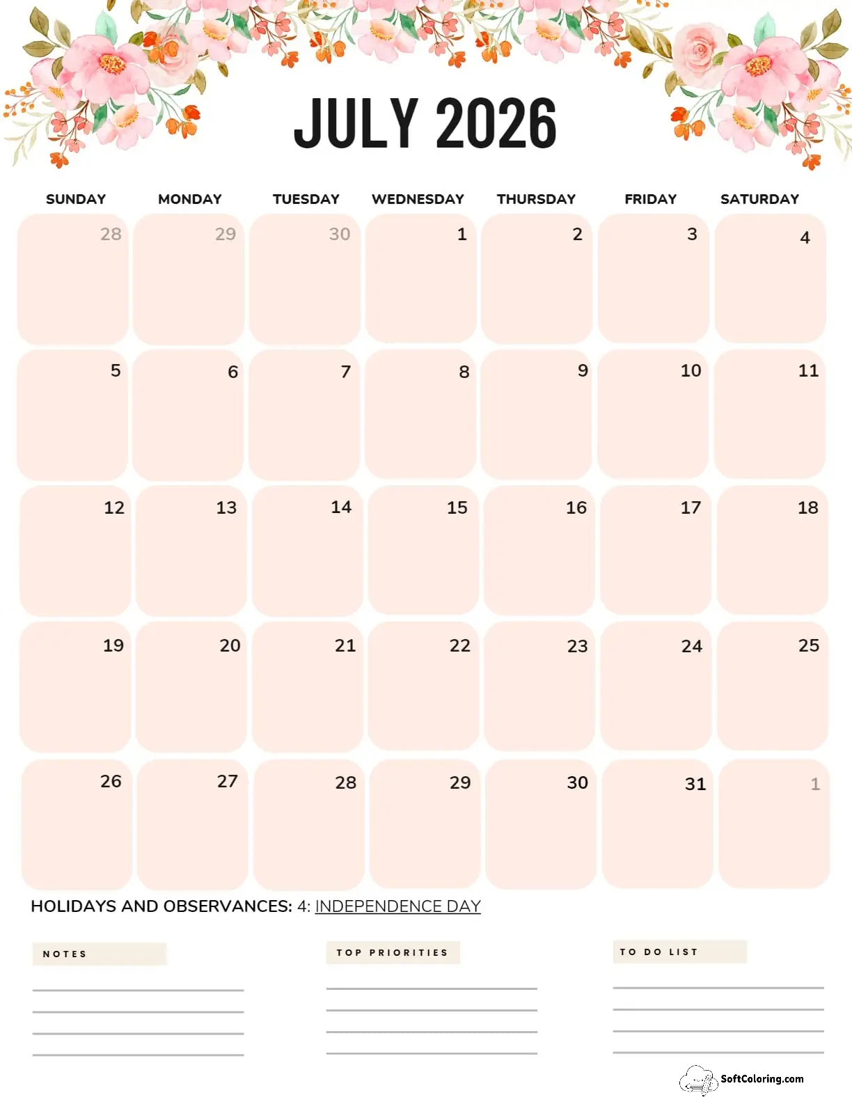 July 2026 Calendar Printable Flowers Portrait