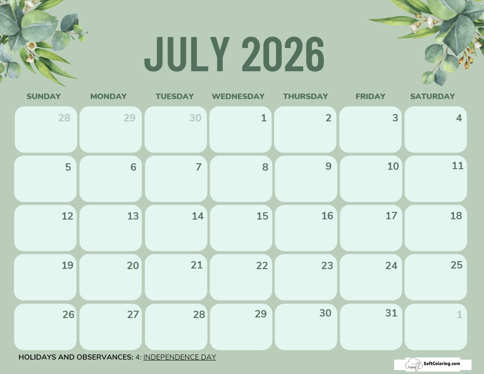 July 2026 Calendar Printable Green Landscape