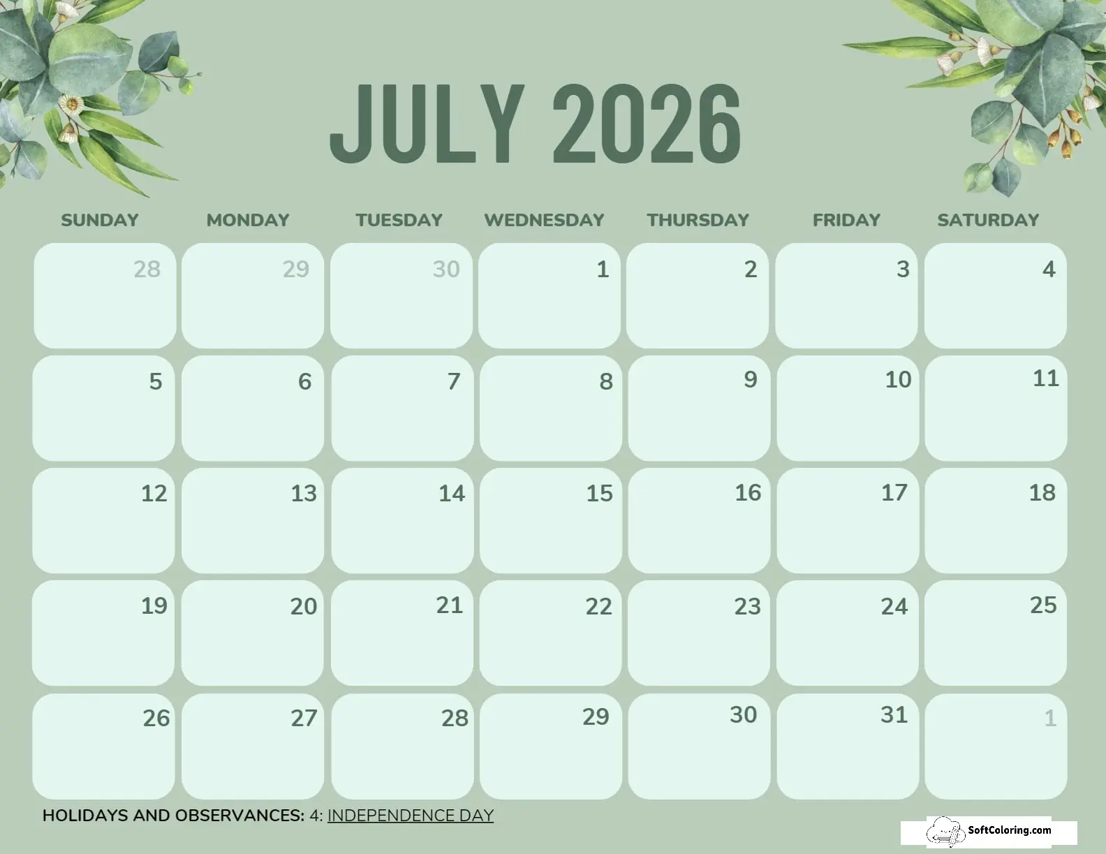 July 2026 Calendar Printable Green Landscape