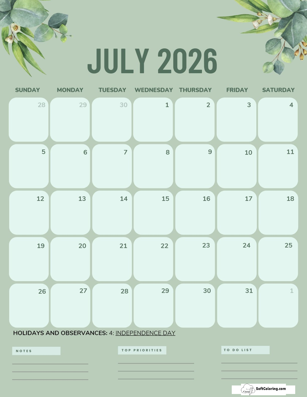 July 2026 Calendar Printable Green Portrait