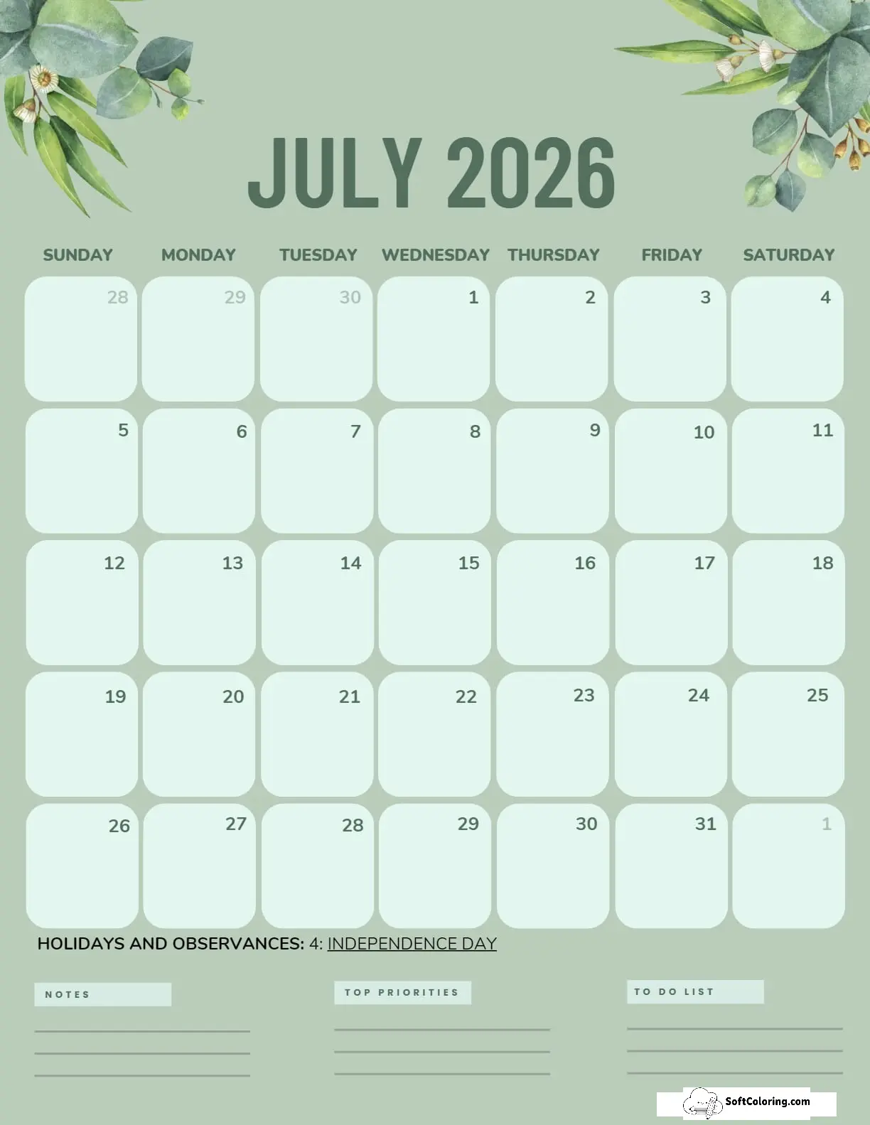 July 2026 Calendar Printable Green Portrait