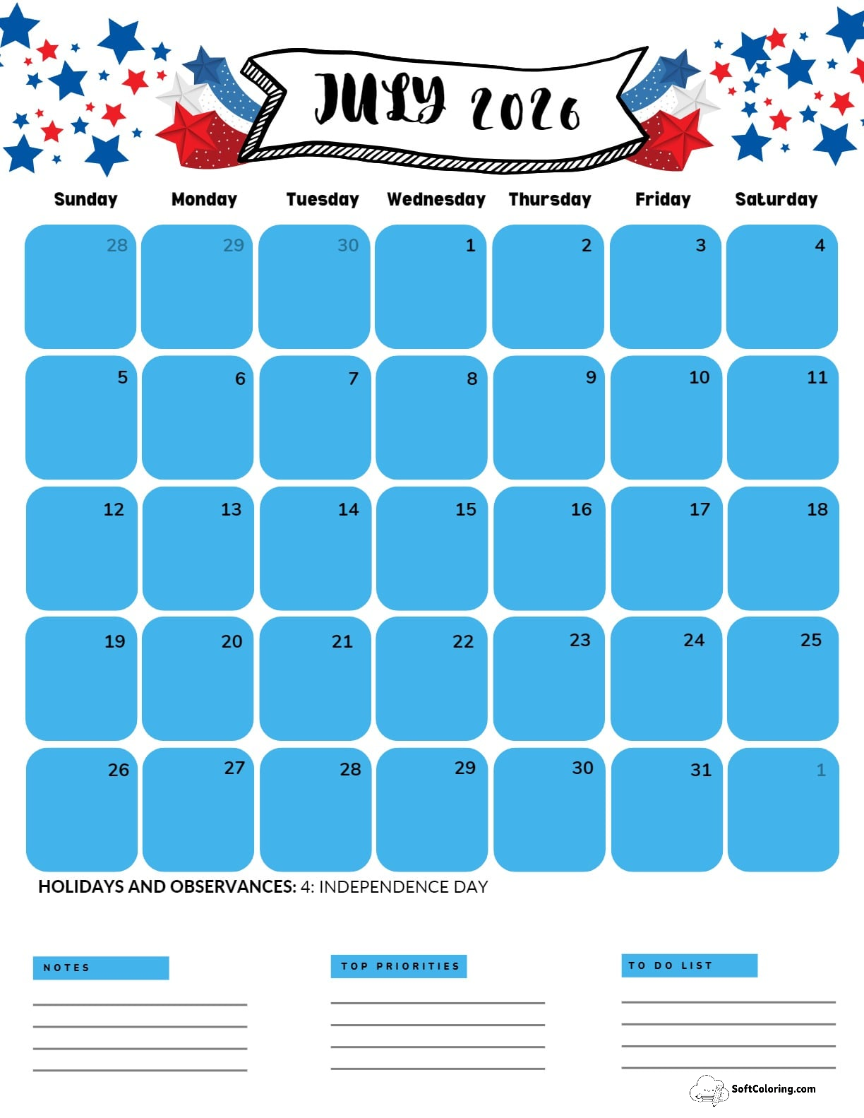 July 2026 Calendar Printable Independence Day 3 Portrait
