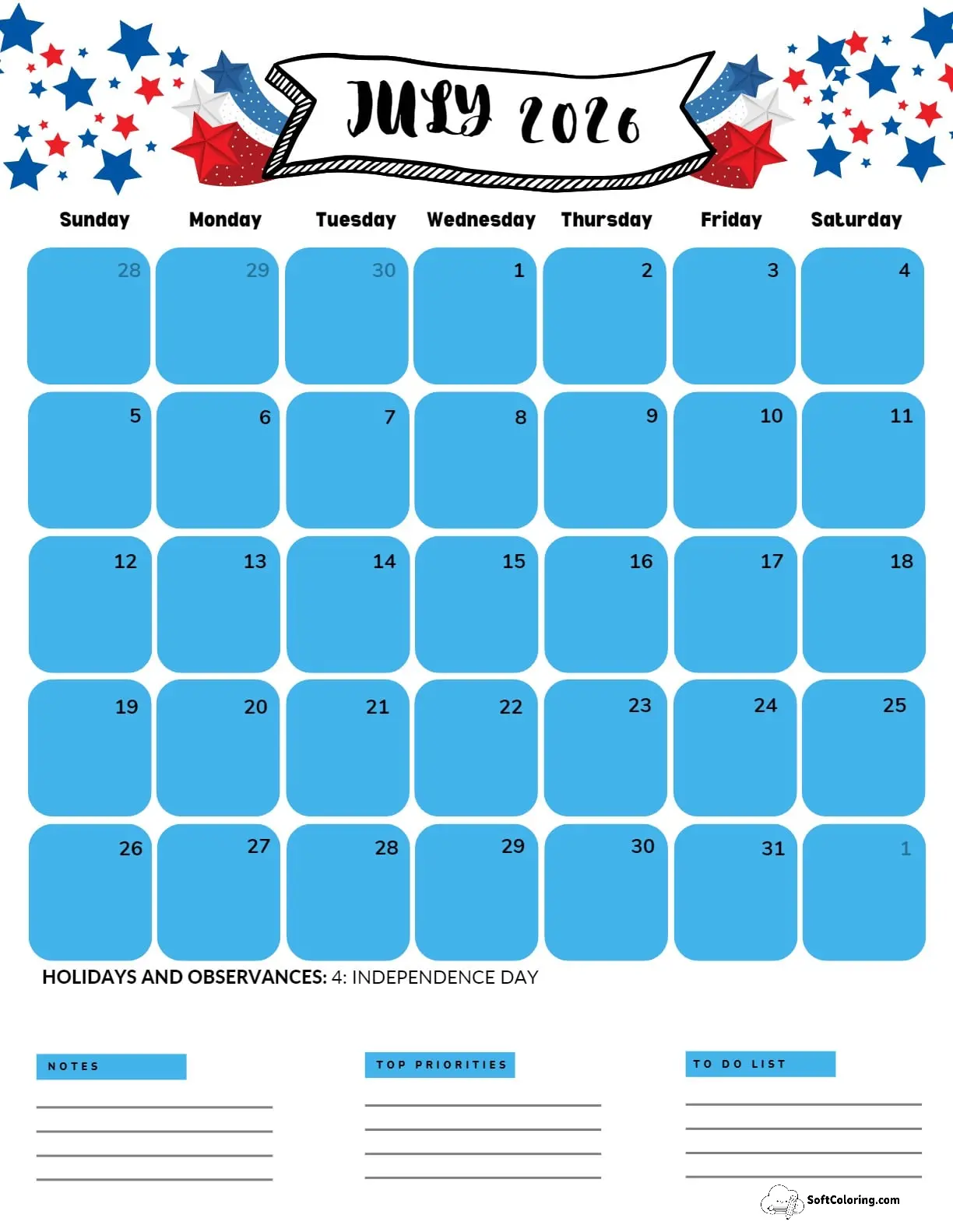 July 2026 Calendar Printable Independence Day 3 Portrait
