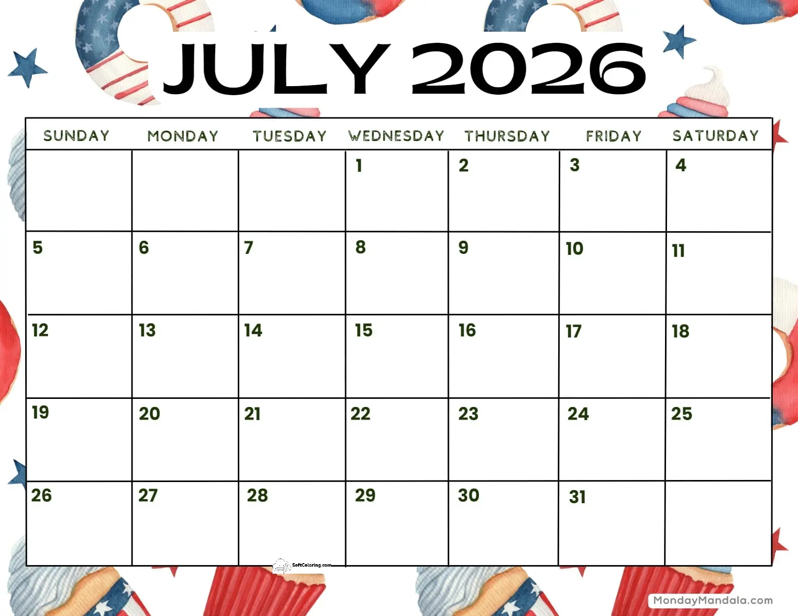 July 2026 Calendar Printable Independence Day 4 Landscape