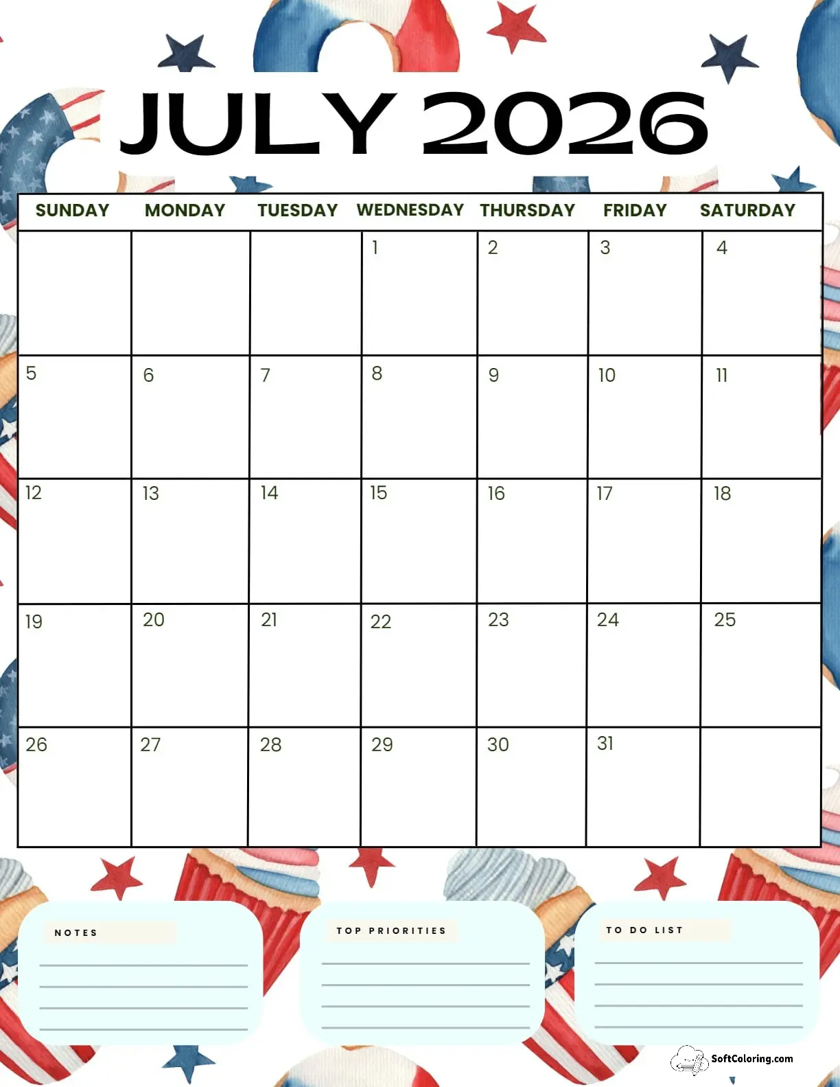 July 2026 Calendar Printable Independence Day 4 Portrait