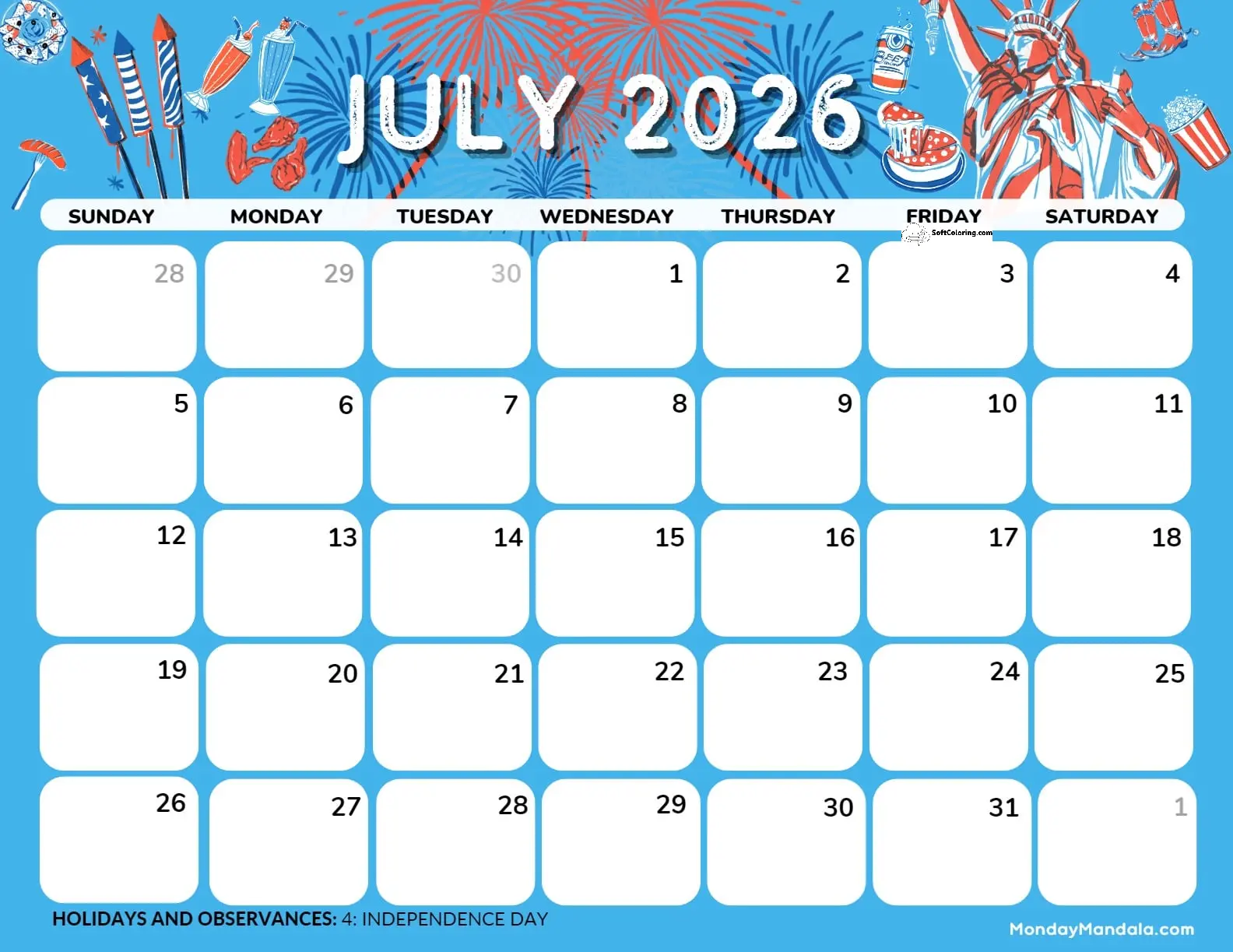 July 2026 Calendar Printable Independence Day Landscape