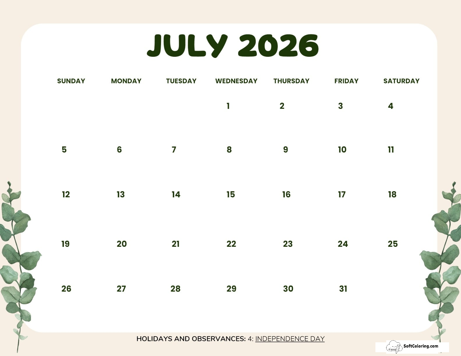July 2026 Calendar Printable Leaves Landscape