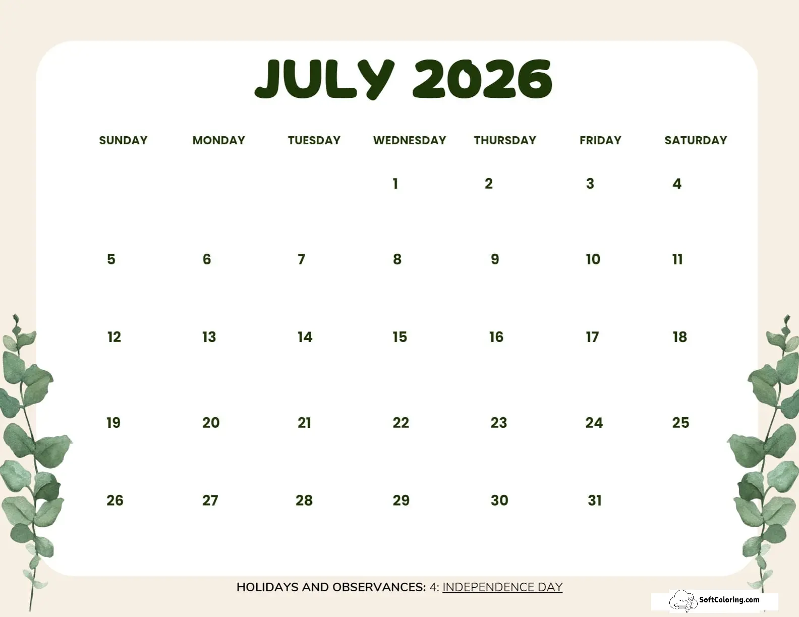 July 2026 Calendar Printable Leaves Landscape