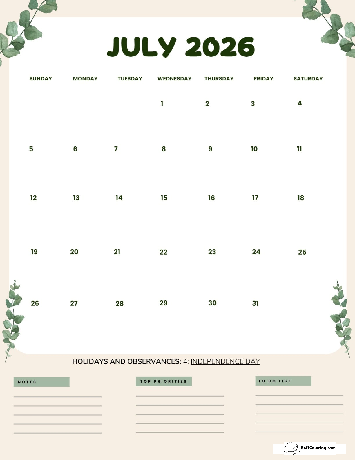 July 2026 Calendar Printable Leaves Portrait 2