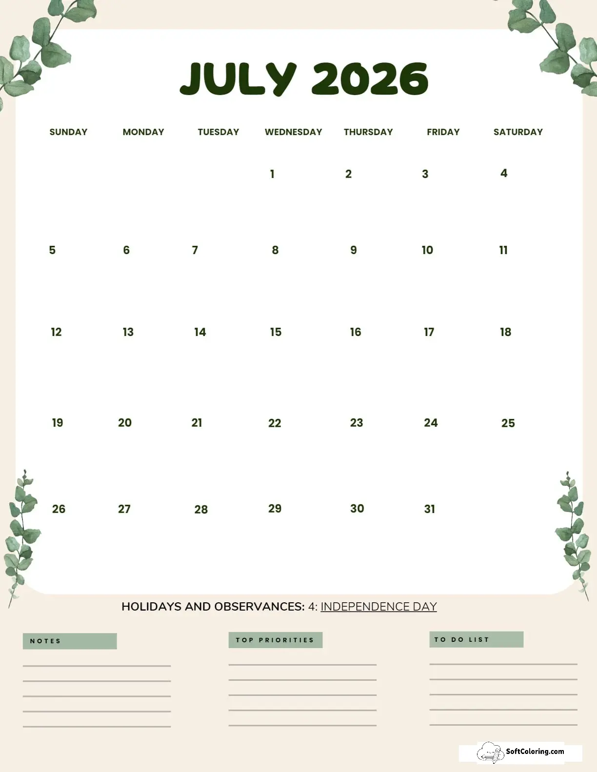 July 2026 Calendar Printable Leaves Portrait 2