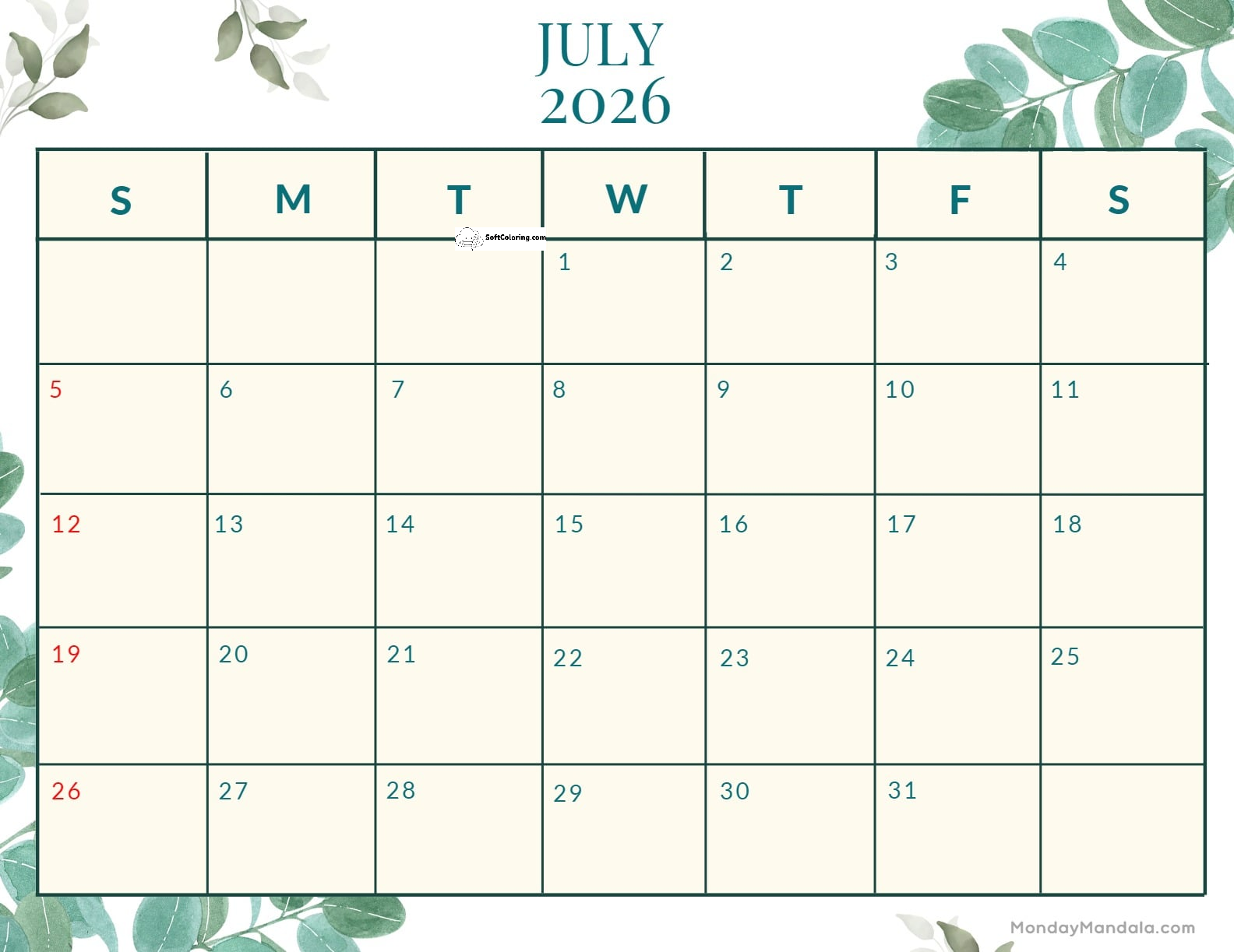 July 2026 Calendar Printable Nature Landscape