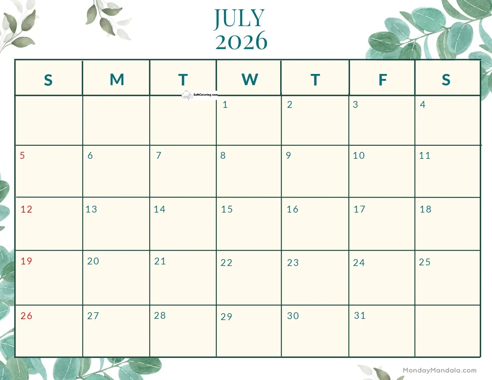 July 2026 Calendar Printable Nature Landscape