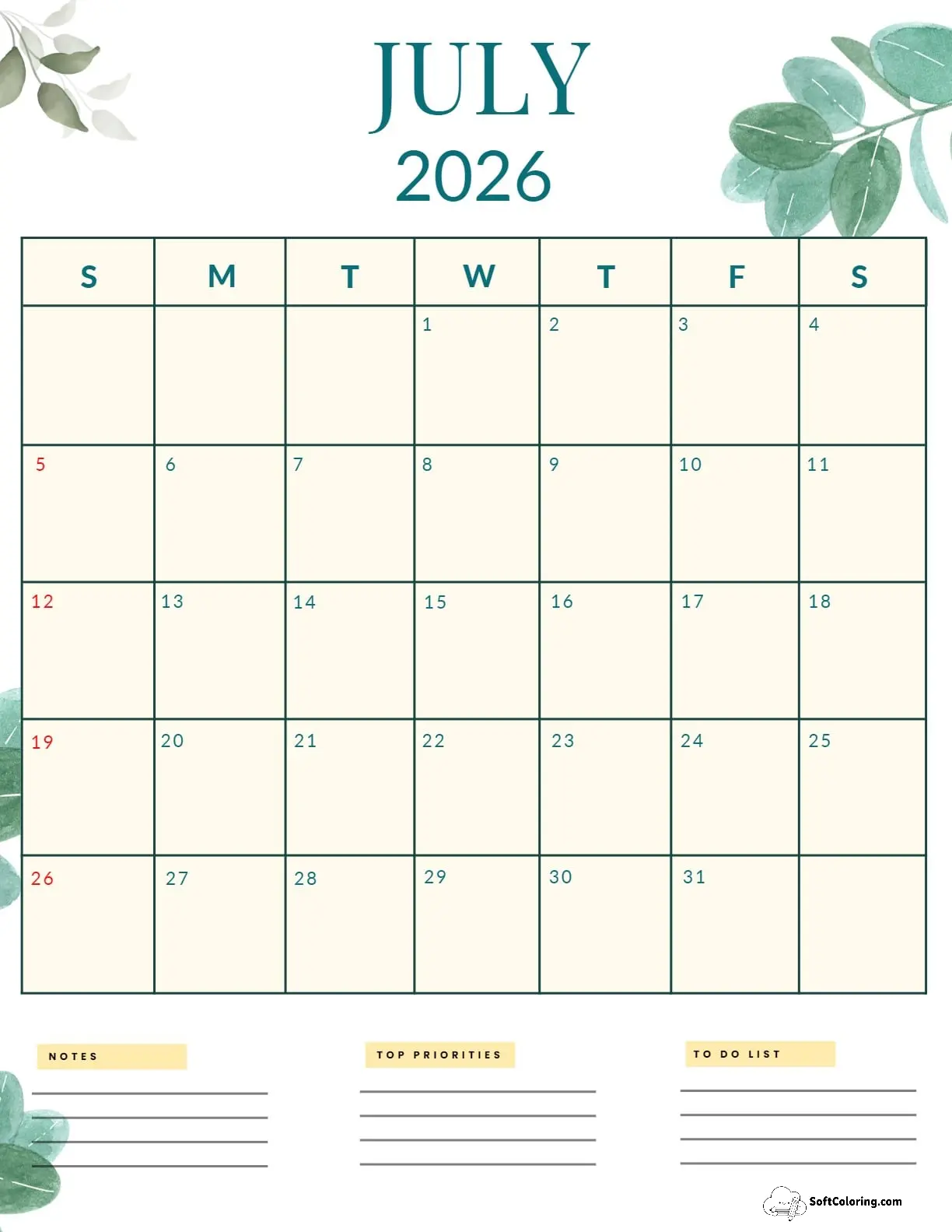 July 2026 Calendar Printable Nature Portrait 2
