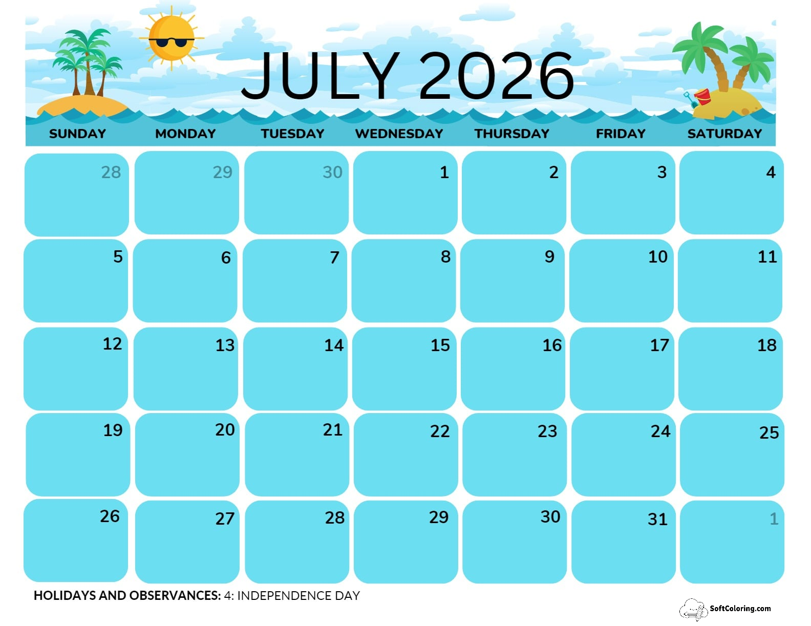 July 2026 Calendar Printable Ocean Landscape