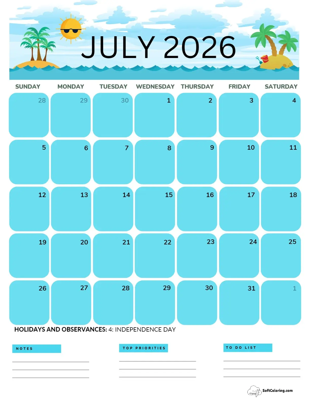 July 2026 Calendar Printable Ocean Portrait