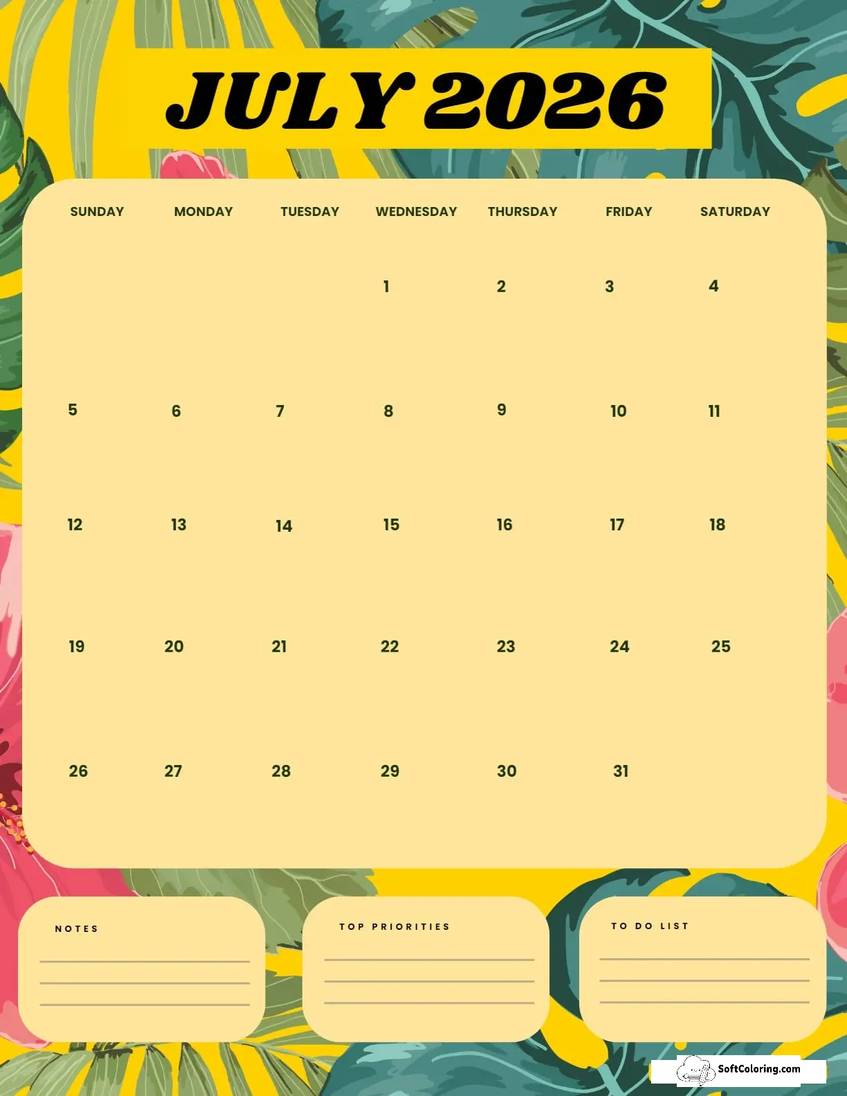 July 2026 Calendar Printable Summer Portrait