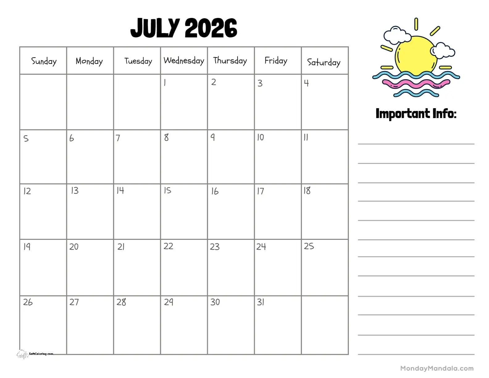 July 2026 Calendar Printable Sun Landscape