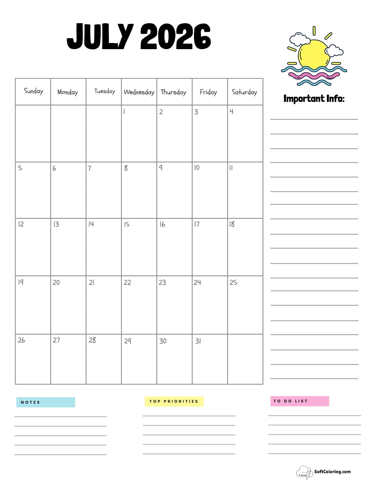 July 2026 Calendar Printable Sun Portrait 2