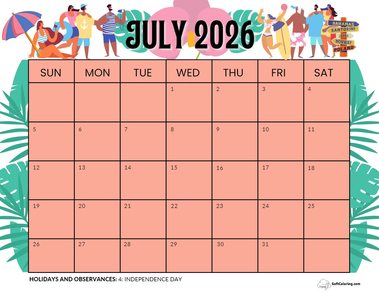 July 2026 Calendar Printable Swimming Landscape