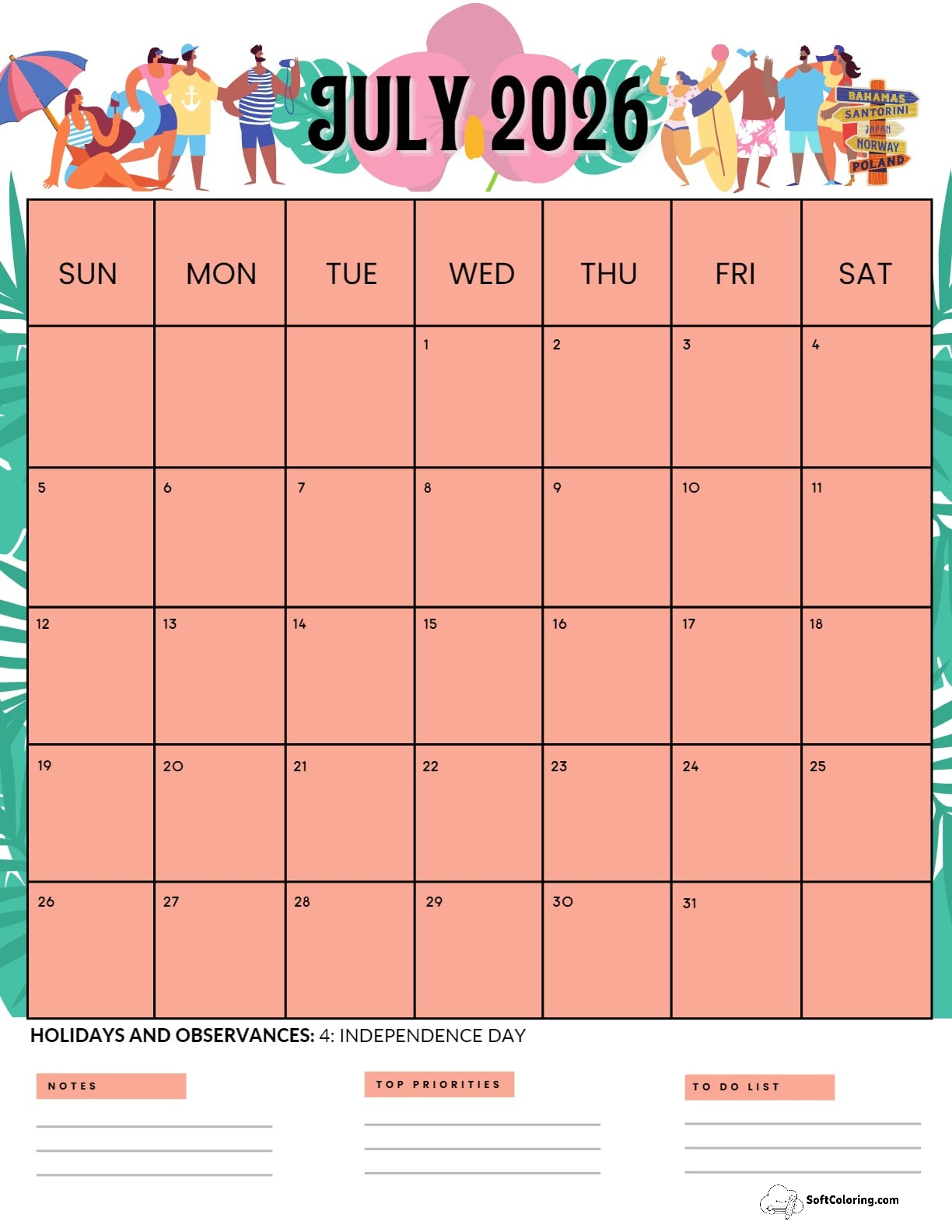 July 2026 Calendar Printable Swimming Portrait