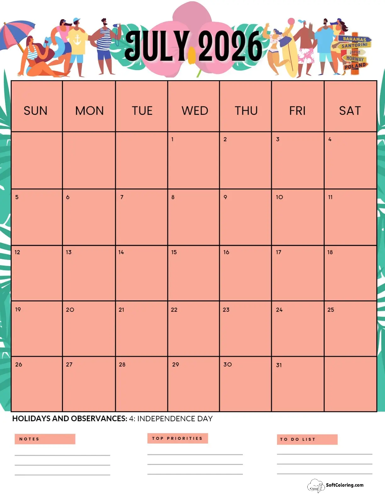 July 2026 Calendar Printable Swimming Portrait