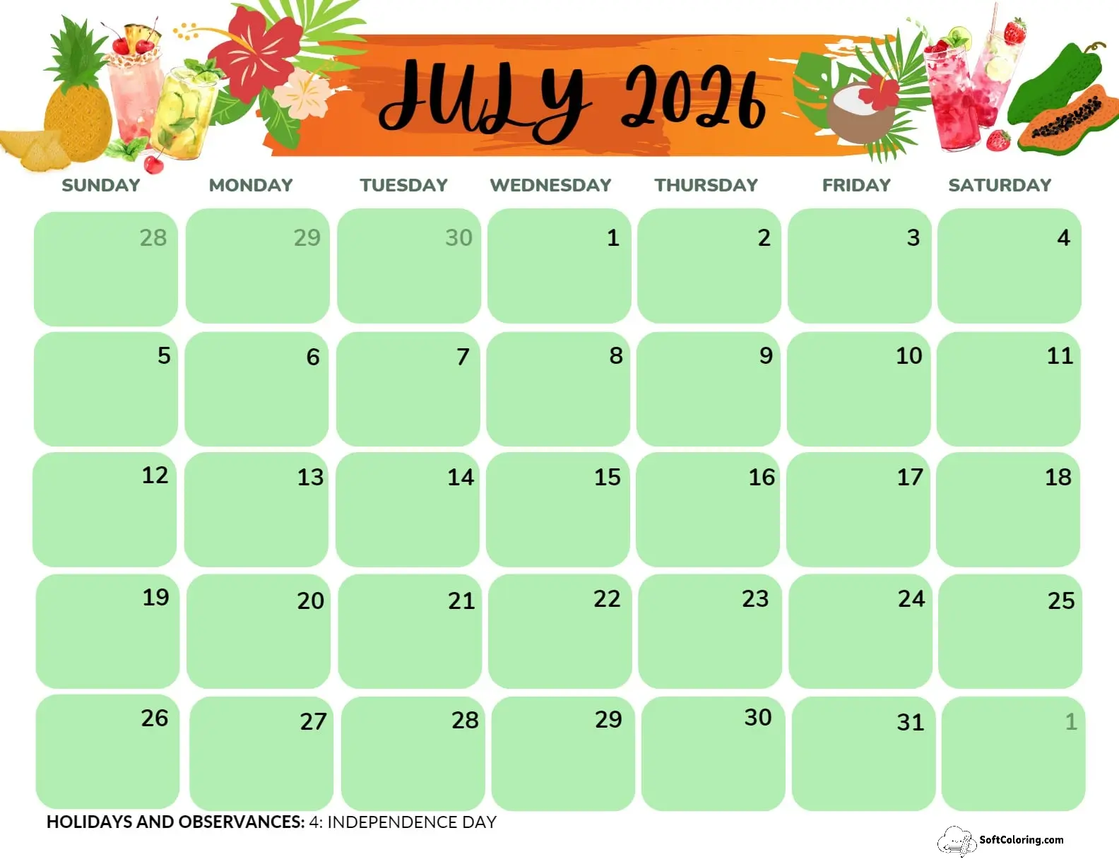 July 2026 Calendar Printable Tropical Landscape