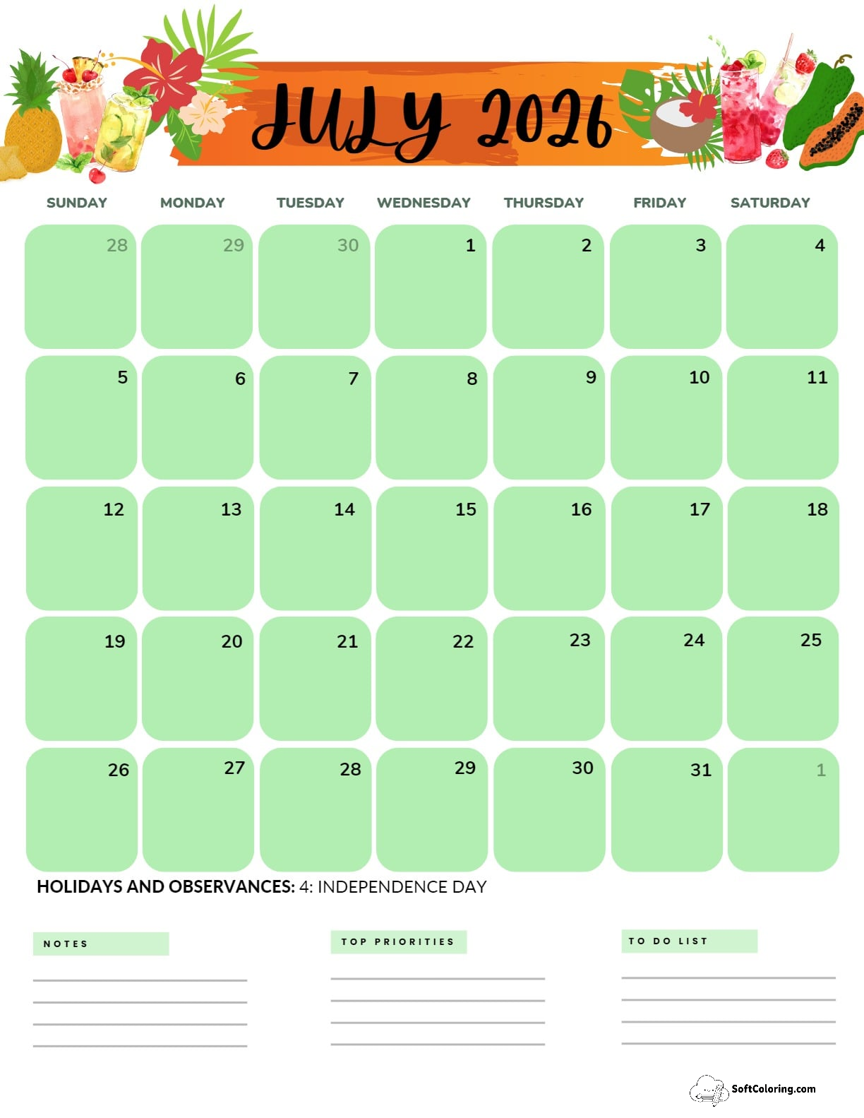 July 2026 Calendar Printable Tropical Portrait