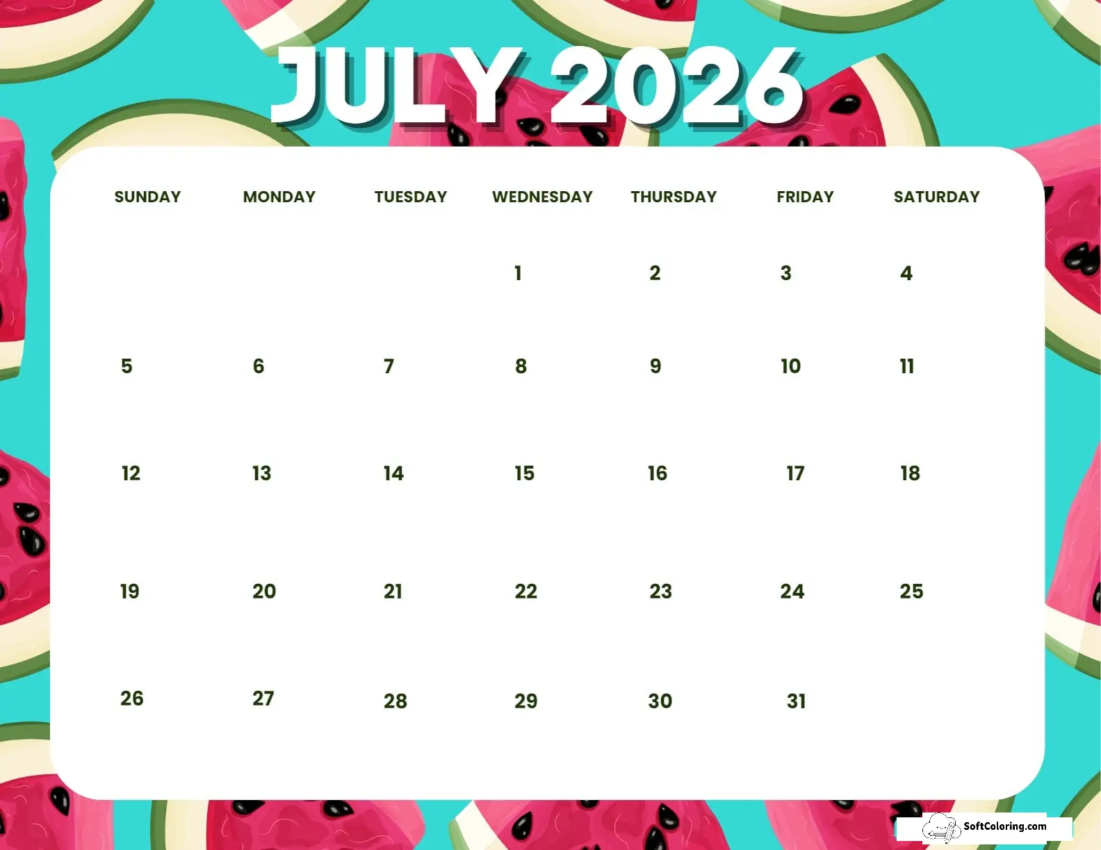 July 2026 Calendar Printable Watermelon Landscape