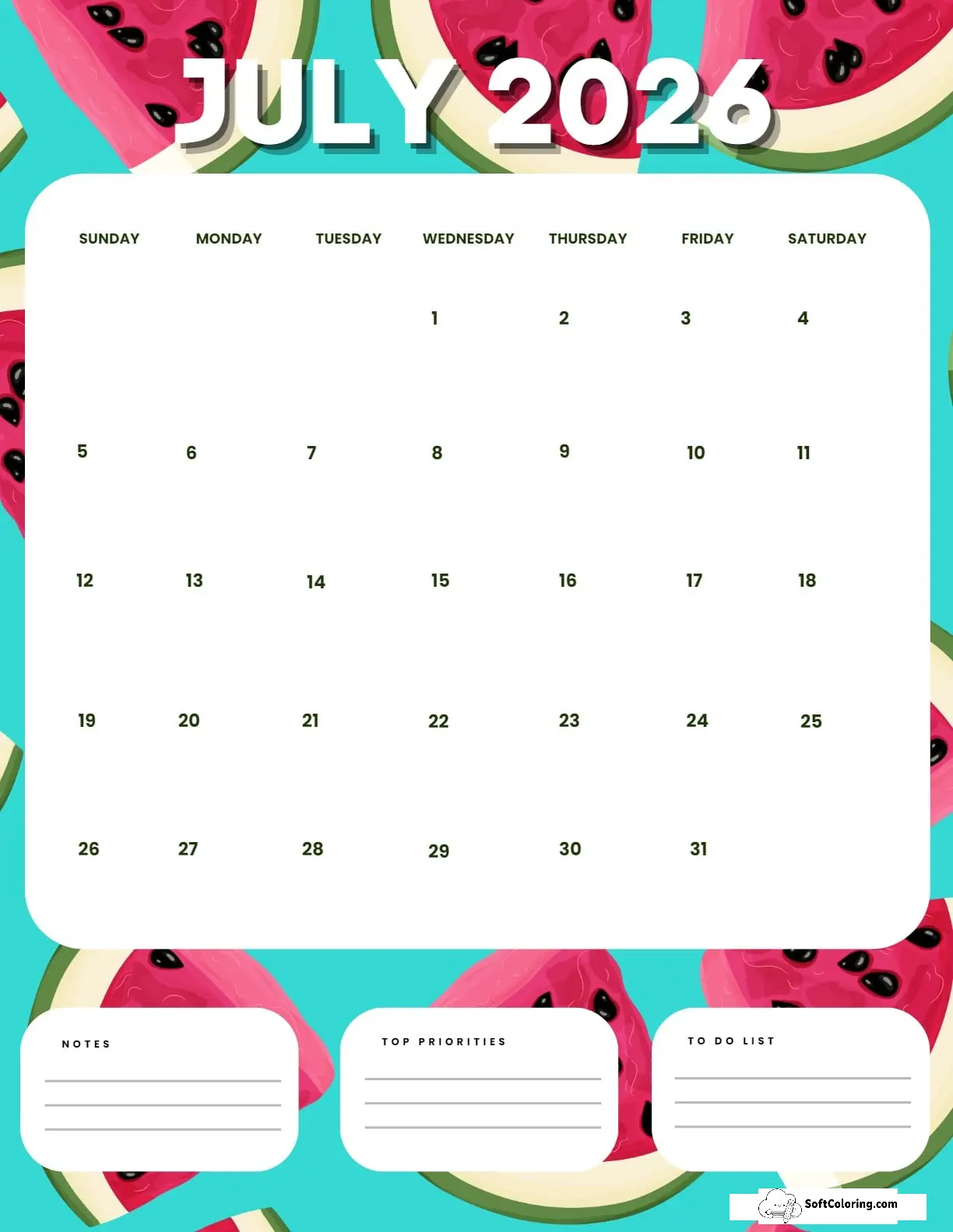 July 2026 Calendar Printable Watermelon Portrait