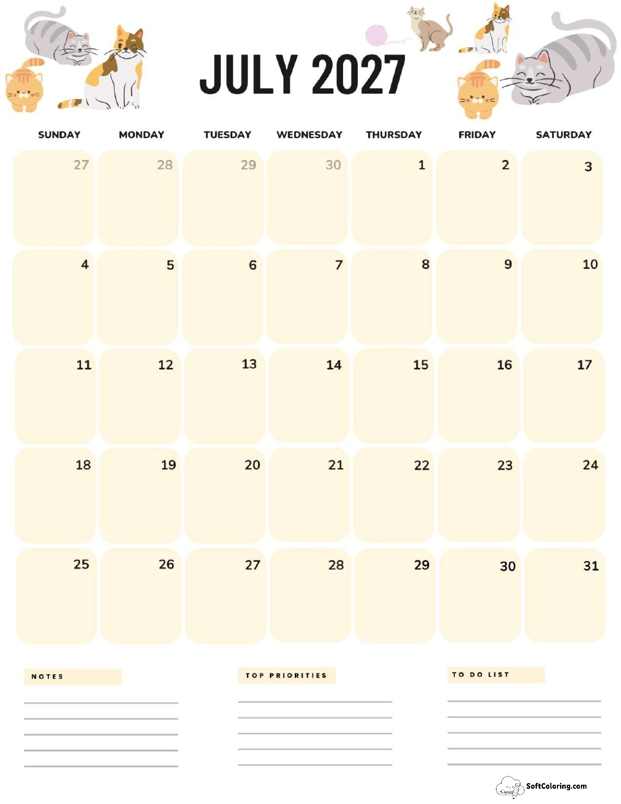 July 2027 Calendar Printable Cats Portrait