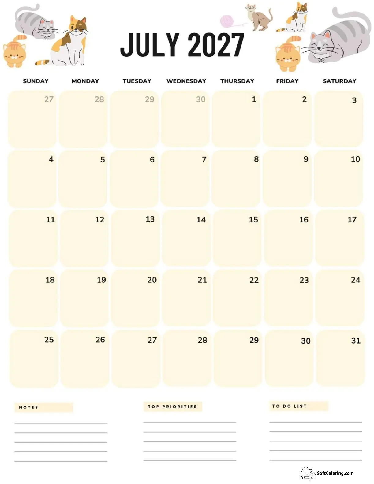 July 2027 Calendar Printable Cats Portrait