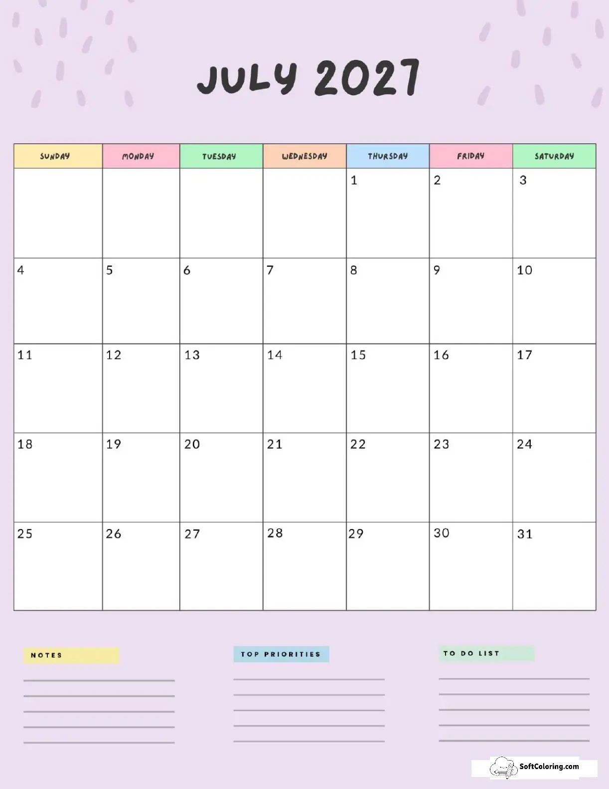 July 2027 Calendar Printable Colorful Portrait