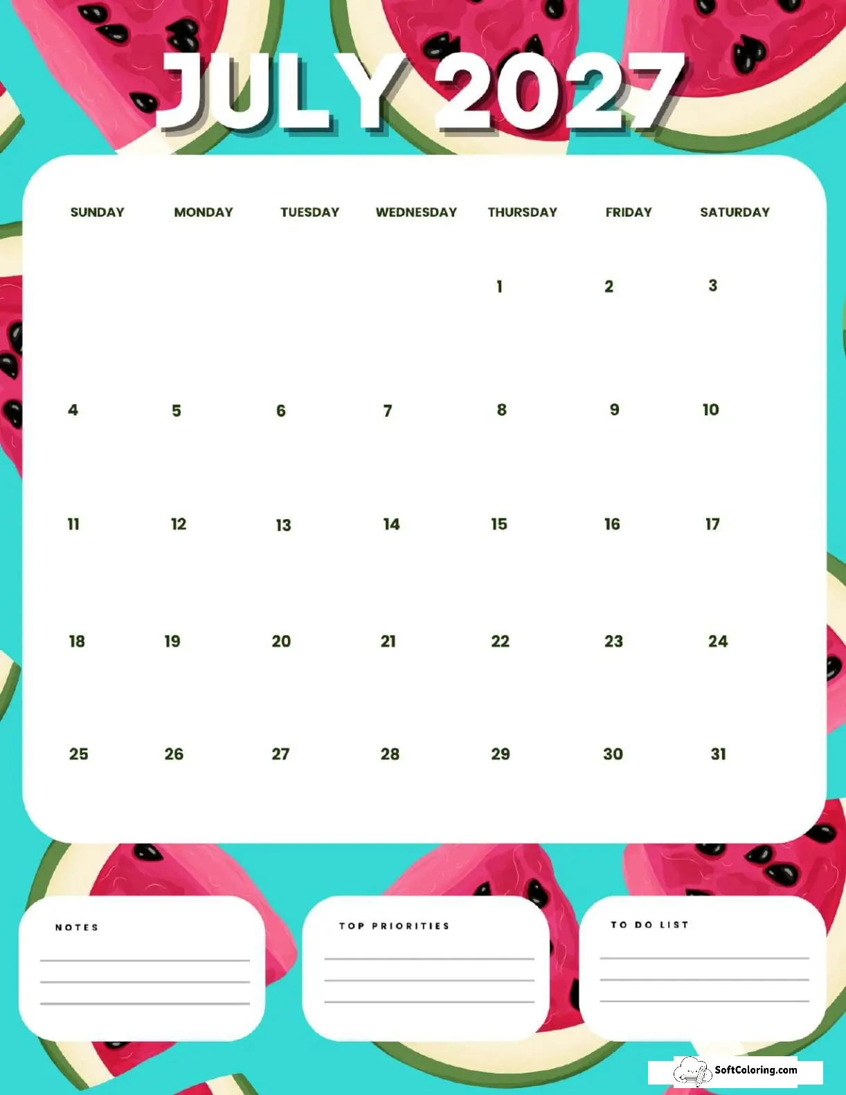 July 2027 Calendar Printable Watermelon Portrait