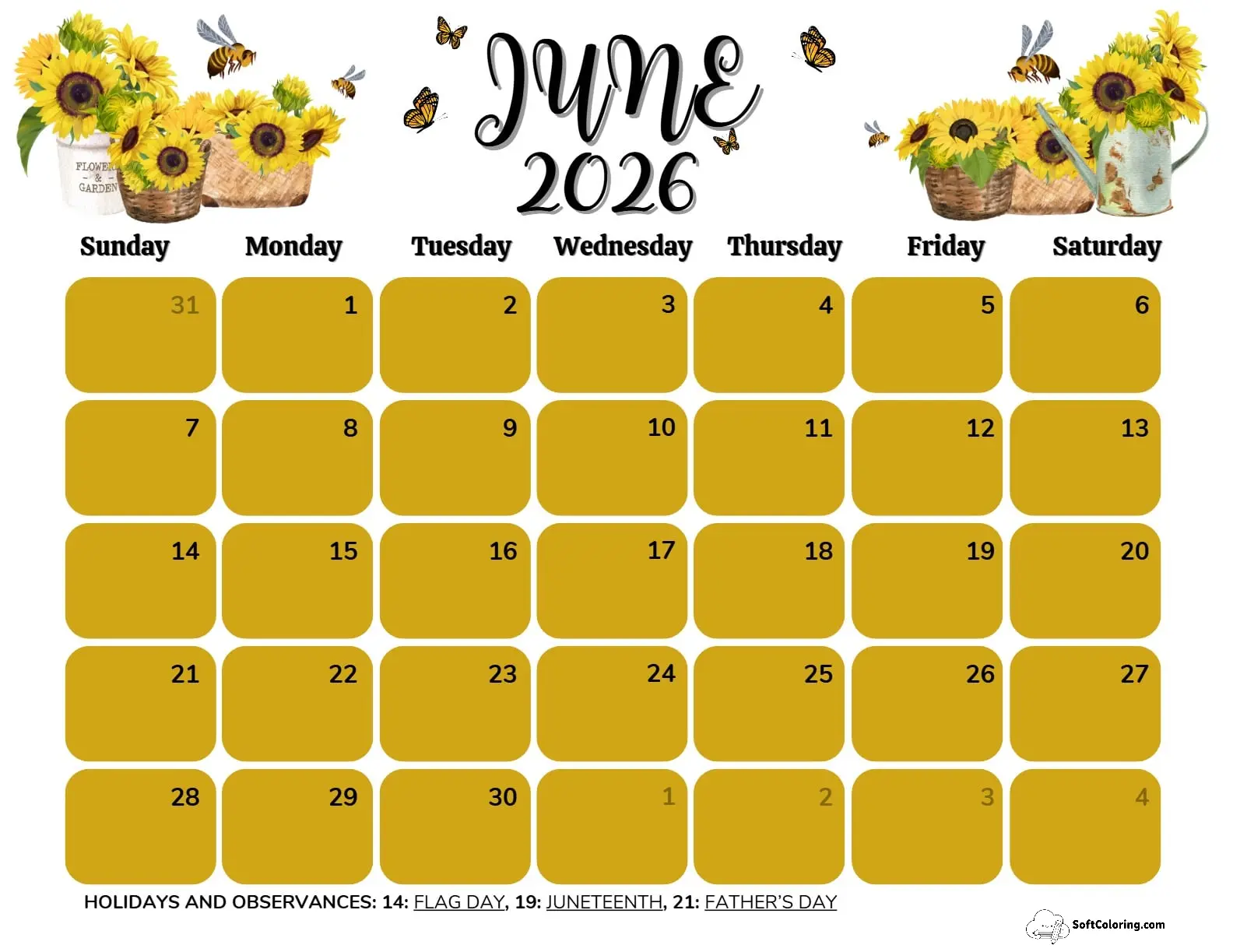 June 2026 Calendar Printable Bees Landscape V2