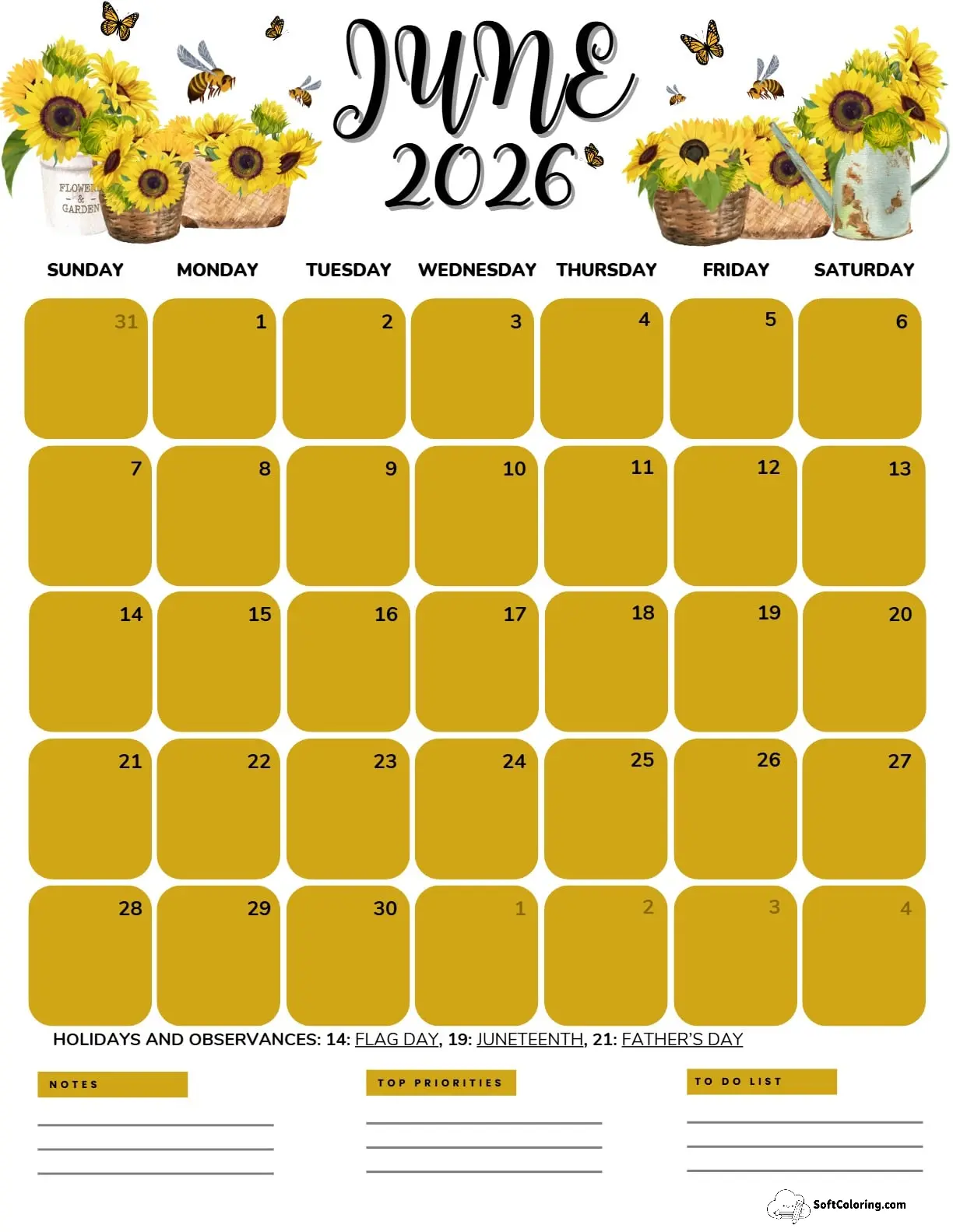 June 2026 Calendar Printable Bees Portrait V2