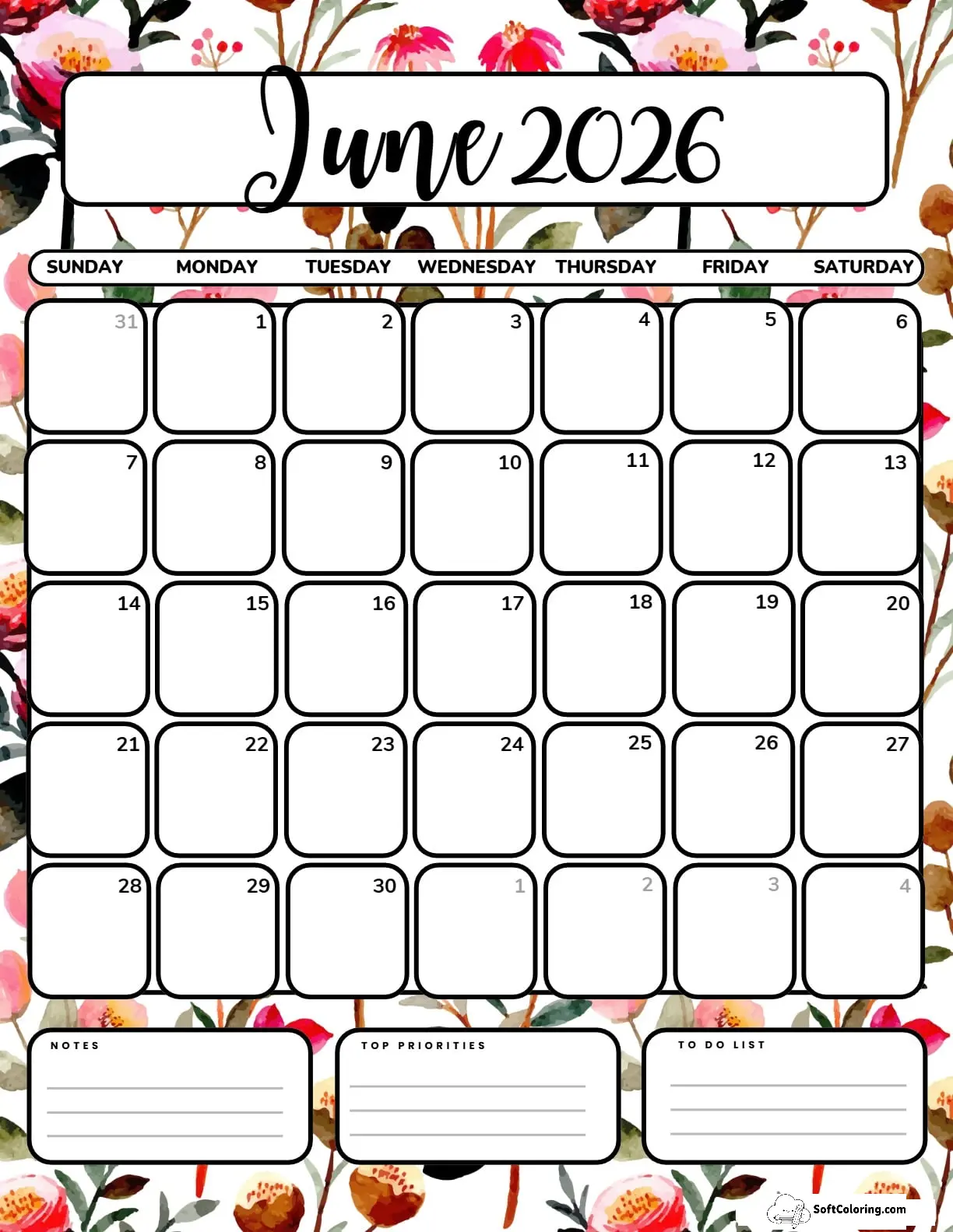 June 2026 Calendar Printable Bloom Portrait V2