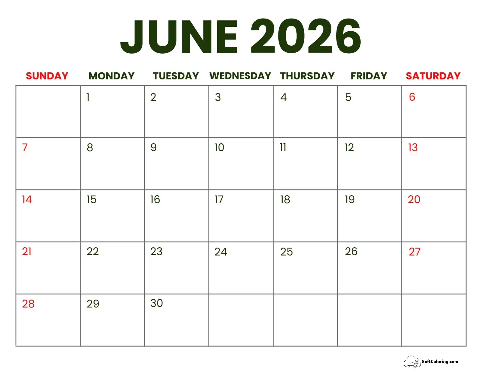 June 2026 Calendar Printable Business Landscape V2