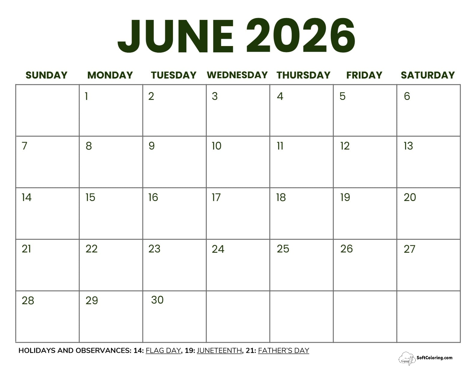 June 2026 Calendar Printable Business2 Landscape V2