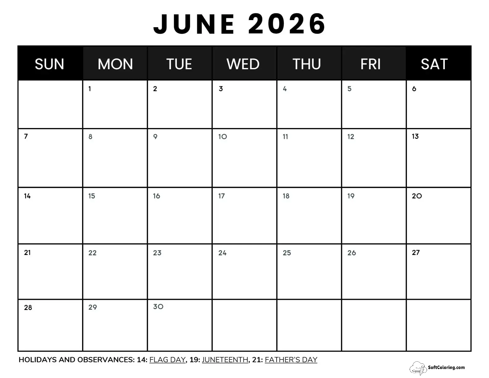 June 2026 Calendar Printable Business4 Landscape V2